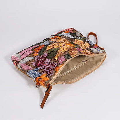 Womens Sequin Embroidered Clutch  Flower Straw Crossbody Bag For Summer Parties  Vacations 4