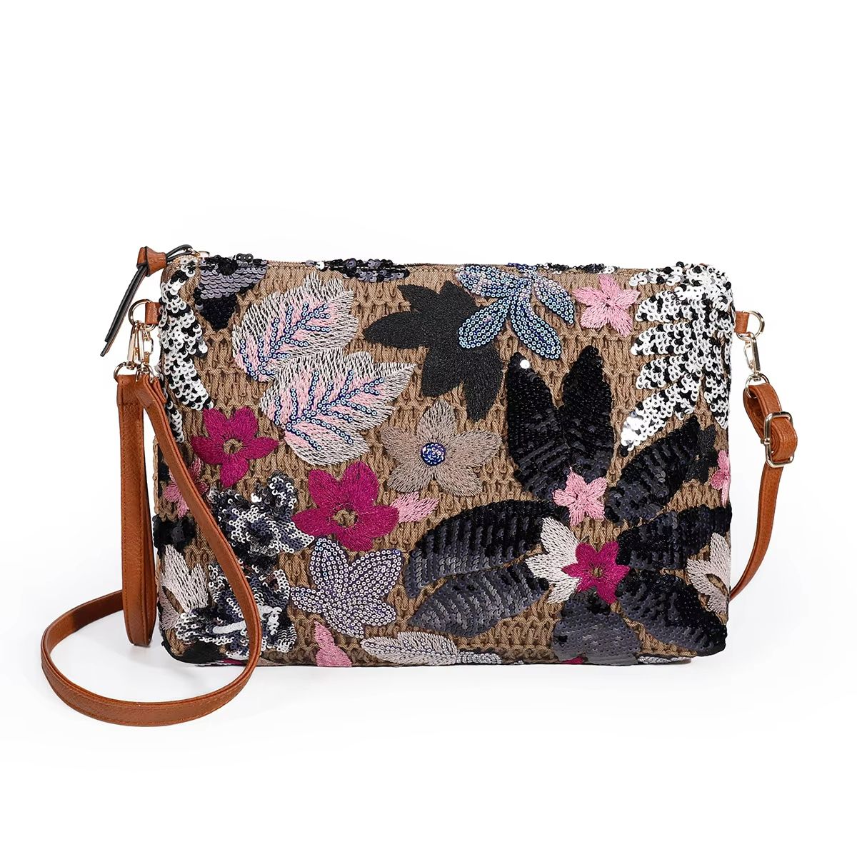 Womens Sequin Embroidered Clutch  Flower Straw Crossbody Bag For Summer Parties  Vacations 7