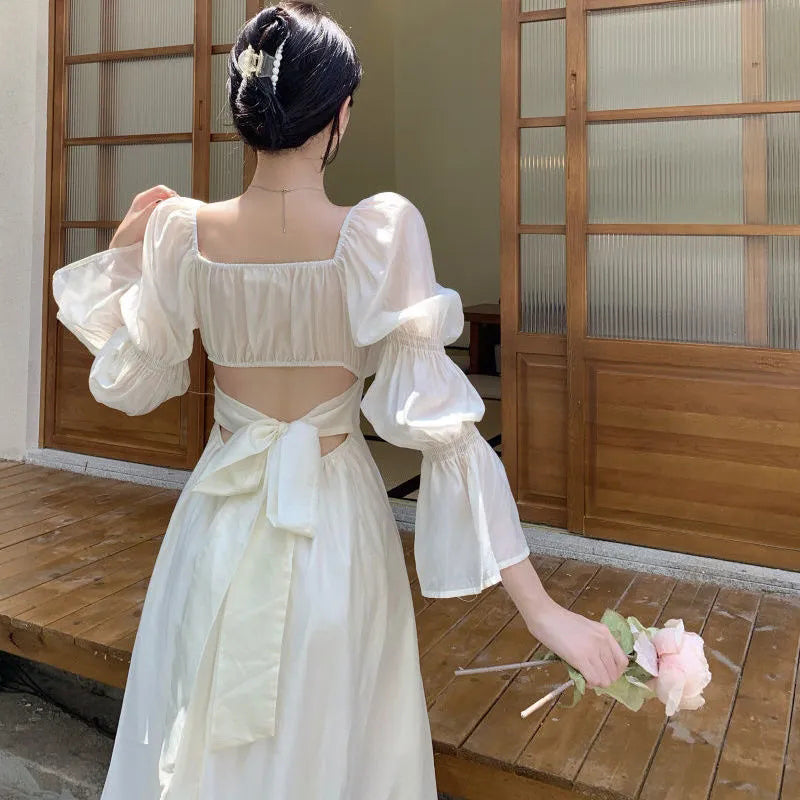 Elegant Sweet Puff Sleeves Dress Women Long Sleeve Backless Bow Bandage Dresses White Square Collar 2