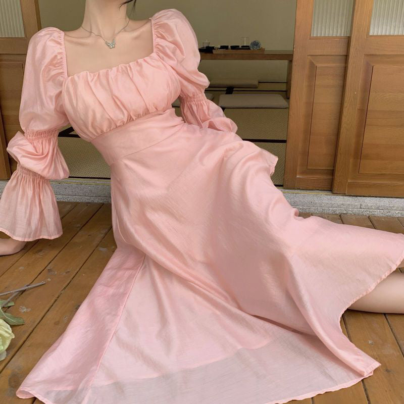 Elegant Sweet Puff Sleeves Dress Women Long Sleeve Backless Bow Bandage Dresses White Square Collar 5