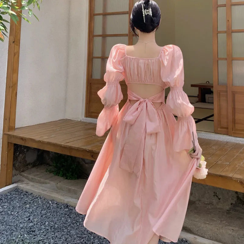 Elegant Sweet Puff Sleeves Dress Women Long Sleeve Backless Bow Bandage Dresses White Square Collar 6