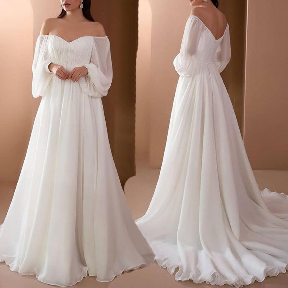 Elegant Womens Off Shoulder Maxi Dress Sexy Lace Evening Gown Lantern Sleeve High Waist White Long  1