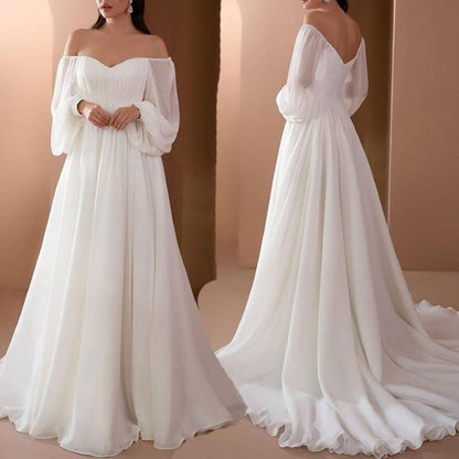 Elegant Womens Off Shoulder Maxi Dress Sexy Lace Evening Gown Lantern Sleeve High Waist White Long  1
