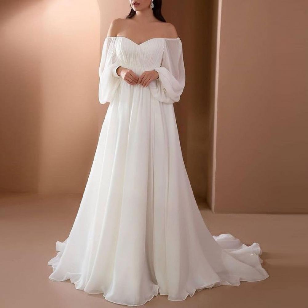 Elegant Womens Off Shoulder Maxi Dress, Sexy Lace Evening Gown Lantern Sleeve High Waist, White Long Flowy Hem Dress