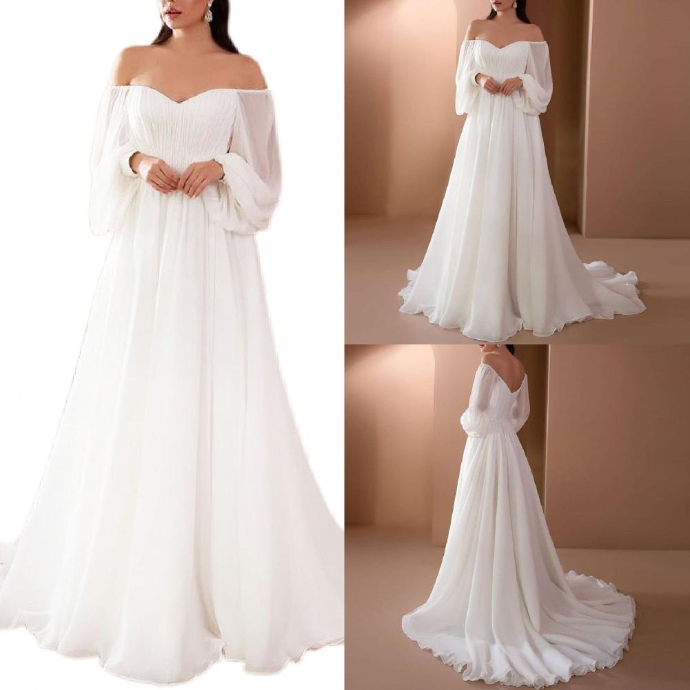 Elegant Womens Off Shoulder Maxi Dress Sexy Lace Evening Gown Lantern Sleeve High Waist White Long  2