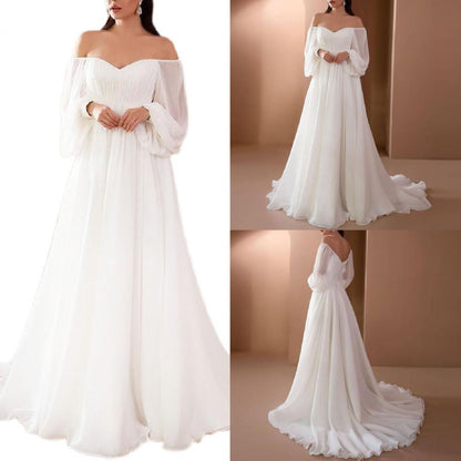 Elegant Womens Off Shoulder Maxi Dress Sexy Lace Evening Gown Lantern Sleeve High Waist White Long  2