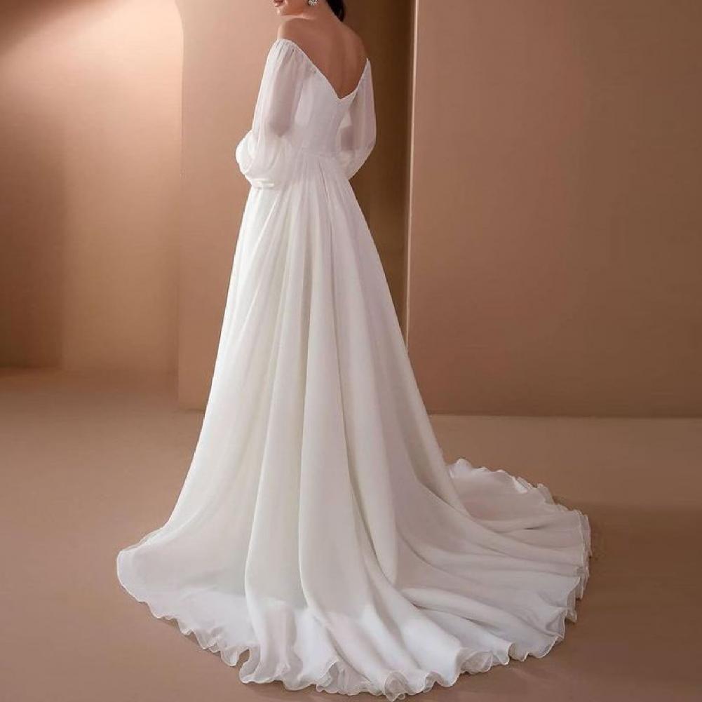 Elegant Womens Off Shoulder Maxi Dress Sexy Lace Evening Gown Lantern Sleeve High Waist White Long  3