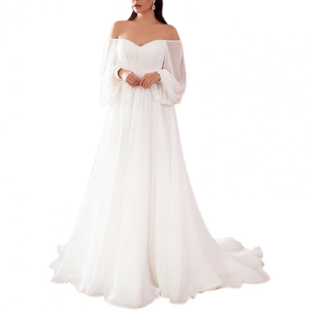 Elegant Womens Off Shoulder Maxi Dress Sexy Lace Evening Gown Lantern Sleeve High Waist White Long  4