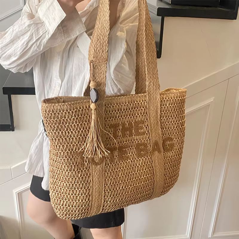 French Style Woven Straw Tote Bag – Large Capacity Shoulder Handbag for Women, Beach Vacation & Casual Everyday Use