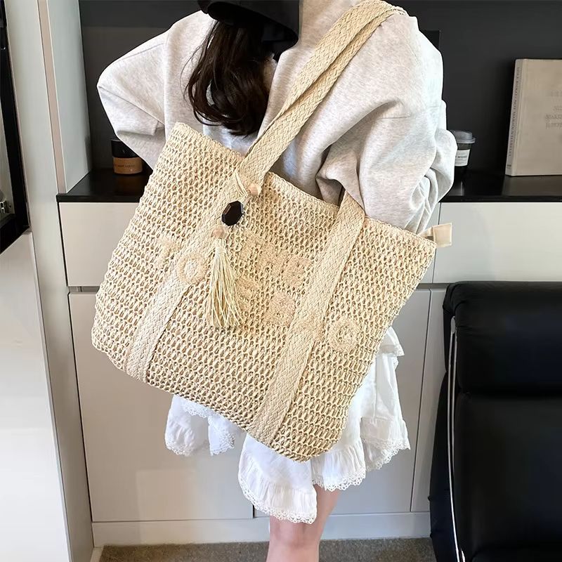 French Style Woven Straw Tote Bag  Large Capacity Shoulder Handbag For Women Beach Vacation  Casual 2