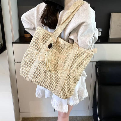 French Style Woven Straw Tote Bag  Large Capacity Shoulder Handbag For Women Beach Vacation  Casual 2