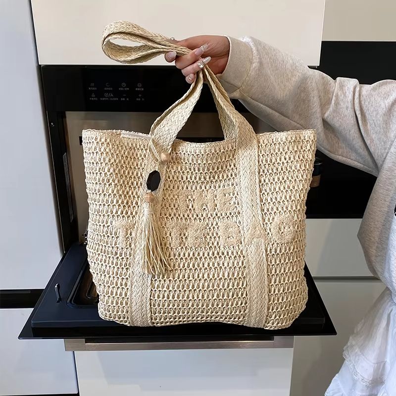 French Style Woven Straw Tote Bag  Large Capacity Shoulder Handbag For Women Beach Vacation  Casual 3