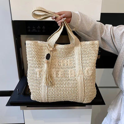 French Style Woven Straw Tote Bag  Large Capacity Shoulder Handbag For Women Beach Vacation  Casual 3