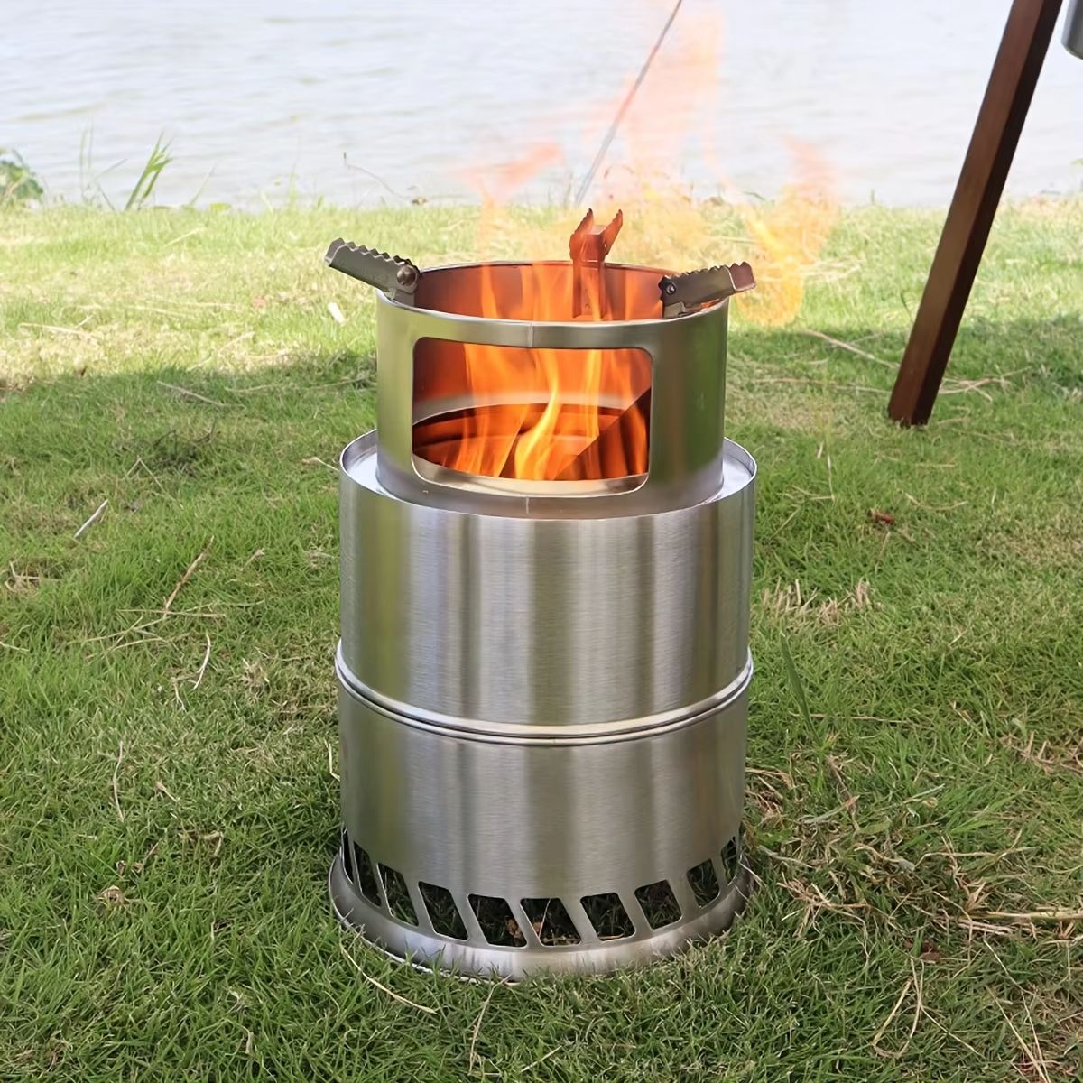 Portable Stainless Steel Wood & Charcoal Burner – Compact Camping Stove with Ventilated Design for Outdoor Cooking