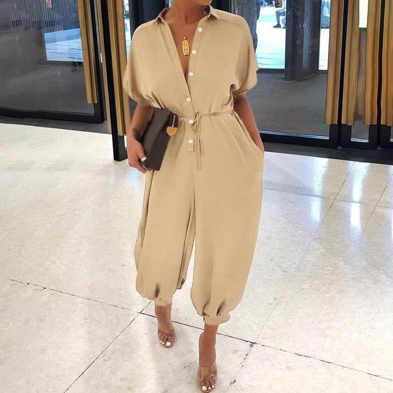 Womens Summer VNeck Jumpsuit  Short Sleeve LaceUp Playsuit With Pockets Leopard Print  Casual Loose 9