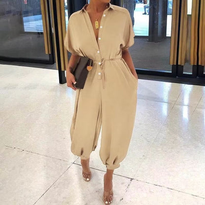 Womens Summer VNeck Jumpsuit  Short Sleeve LaceUp Playsuit With Pockets Leopard Print  Casual Loose 9