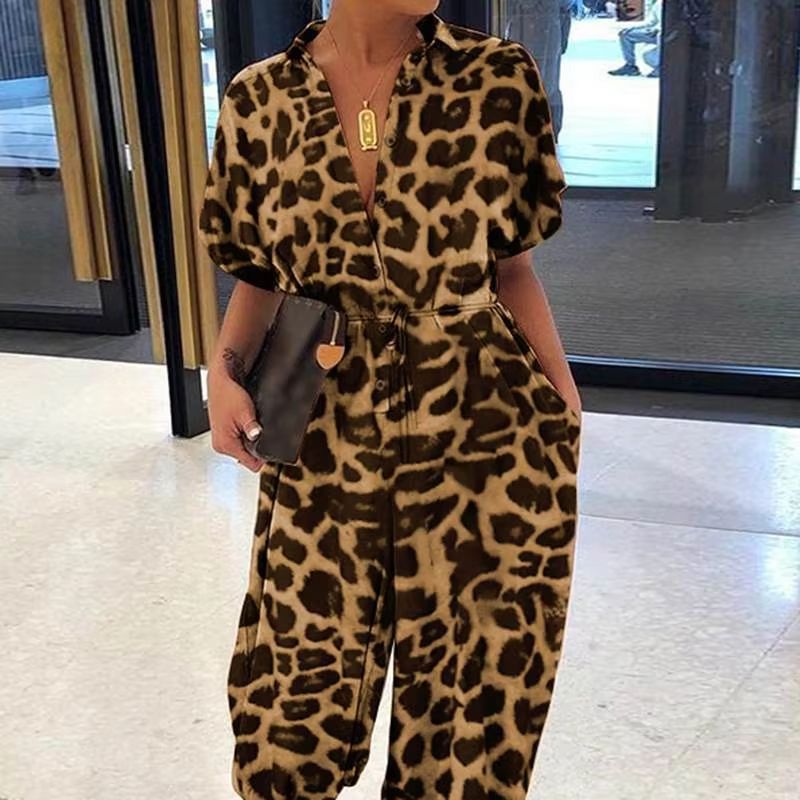 Womens Summer VNeck Jumpsuit  Short Sleeve LaceUp Playsuit With Pockets Leopard Print  Casual Loose 10