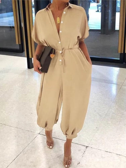 Womens Summer VNeck Jumpsuit  Short Sleeve LaceUp Playsuit With Pockets Leopard Print  Casual Loose 1