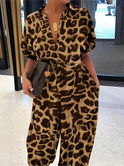 Womens Summer VNeck Jumpsuit  Short Sleeve LaceUp Playsuit With Pockets Leopard Print  Casual Loose 2