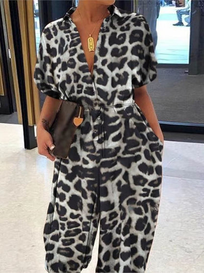 Womens Summer VNeck Jumpsuit  Short Sleeve LaceUp Playsuit With Pockets Leopard Print  Casual Loose 3