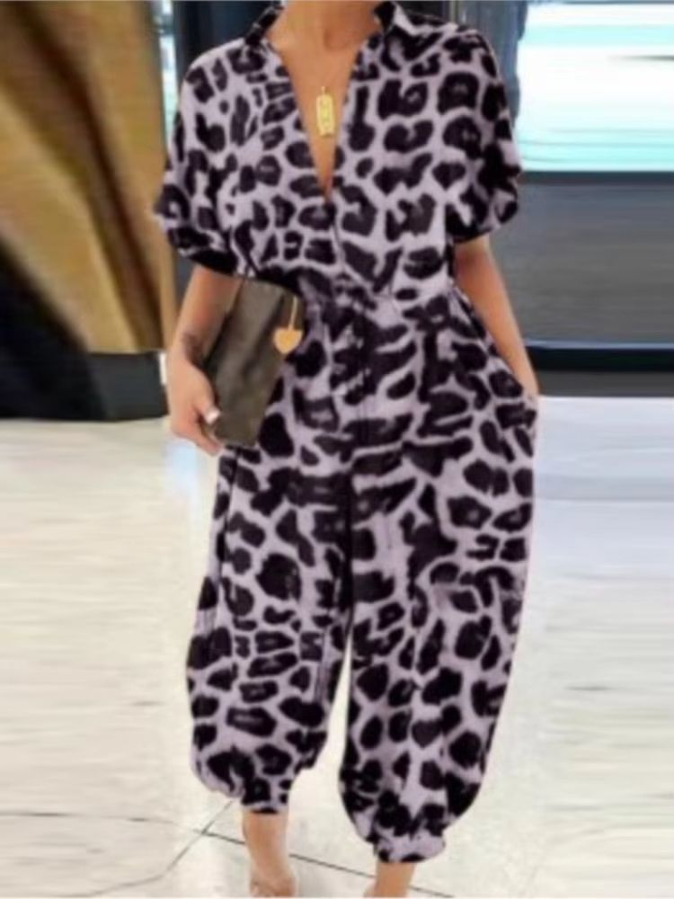 Womens Summer VNeck Jumpsuit  Short Sleeve LaceUp Playsuit With Pockets Leopard Print  Casual Loose 4