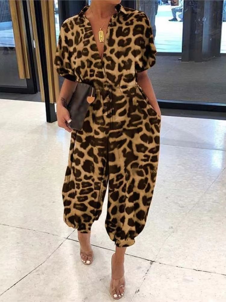 Womens Summer VNeck Jumpsuit  Short Sleeve LaceUp Playsuit With Pockets Leopard Print  Casual Loose 5
