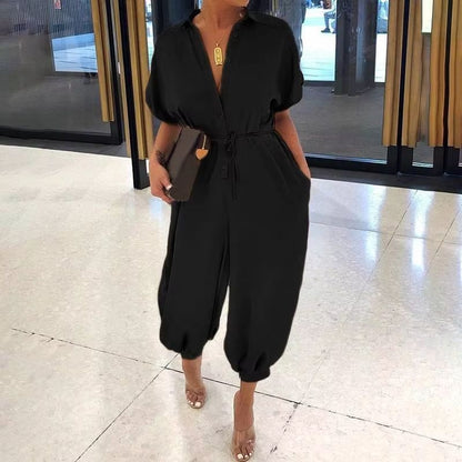 Womens Summer VNeck Jumpsuit  Short Sleeve LaceUp Playsuit With Pockets Leopard Print  Casual Loose 6