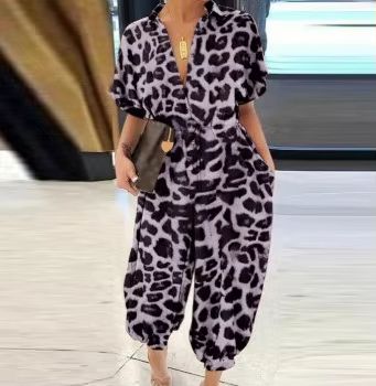 Womens Summer VNeck Jumpsuit  Short Sleeve LaceUp Playsuit With Pockets Leopard Print  Casual Loose 7