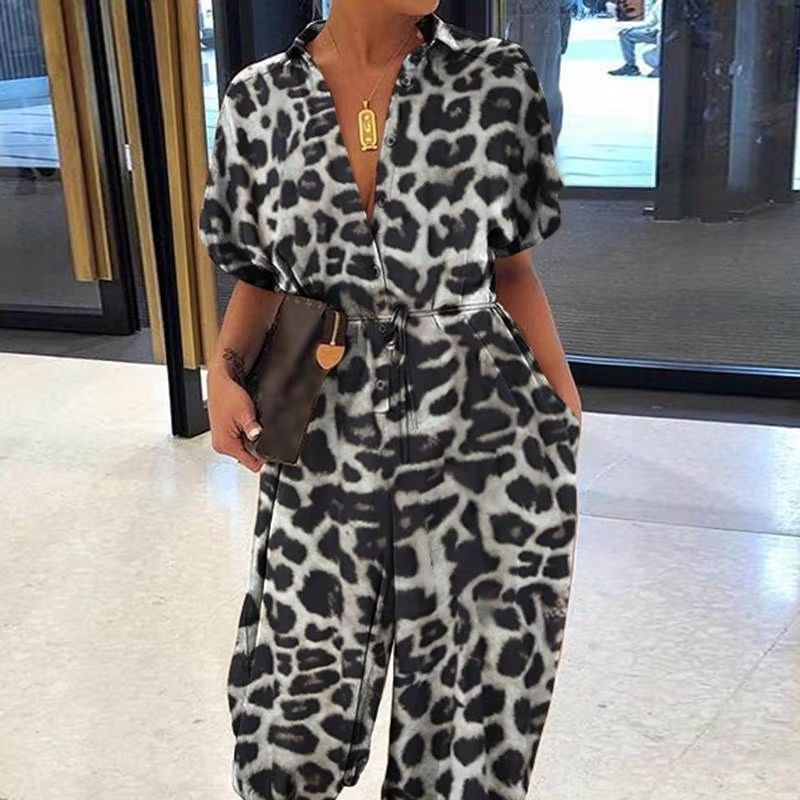 Womens Summer VNeck Jumpsuit  Short Sleeve LaceUp Playsuit With Pockets Leopard Print  Casual Loose 8