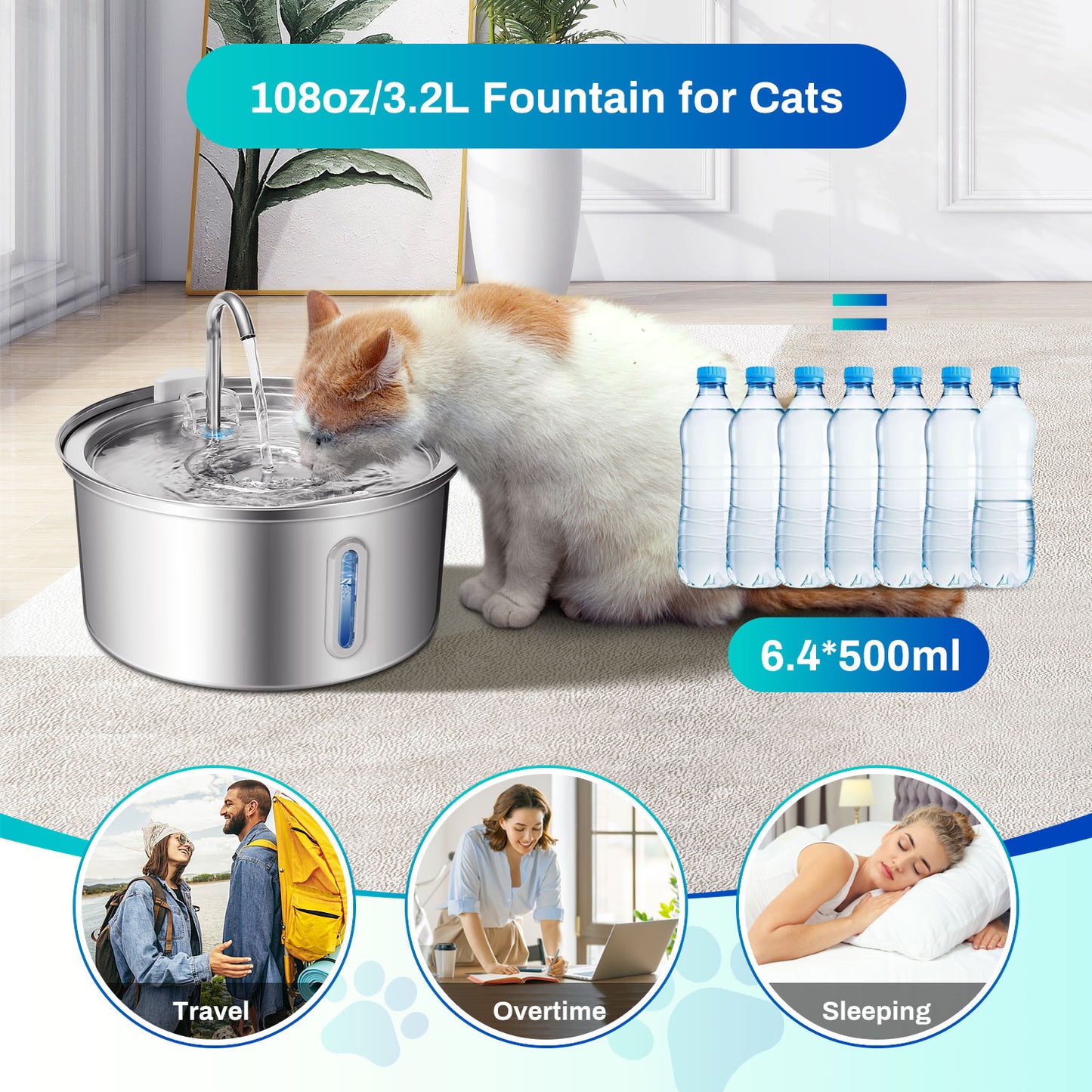 Stainless Steel Cat Water Fountain, Pet Drinking Fountain With Ultra Quiet Pump, Multi-Layer Filtration System