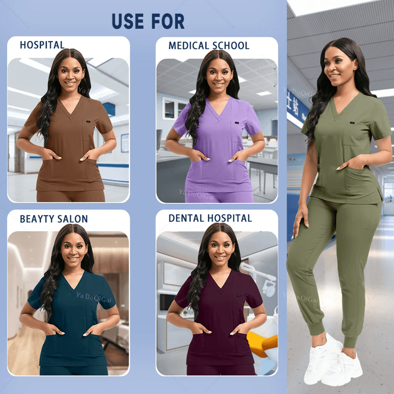 Womens Stretch Scrubs Set Nursing Medical Uniform With Jogger Pants 10