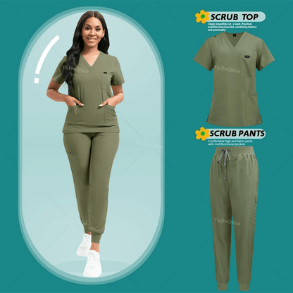 Womens Stretch Scrubs Set Nursing Medical Uniform With Jogger Pants 2