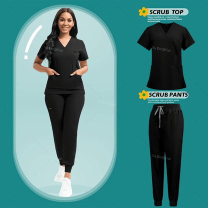Womens Stretch Scrubs Set Nursing Medical Uniform With Jogger Pants 3