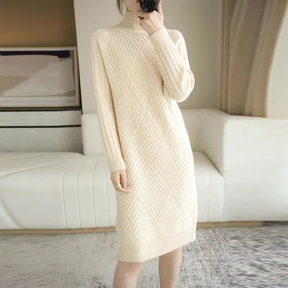Autumn Winter Warm Korean Turtleneck, Long Sleeve Bottoming Knitted Dresses, Straight Sweater Dresses Women Casual Knee