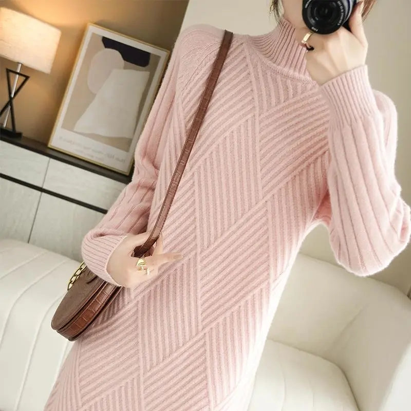Autumn Winter Warm Korean Turtleneck Long Sleeve Bottoming Knitted Dresses Straight Sweater Dresses 4