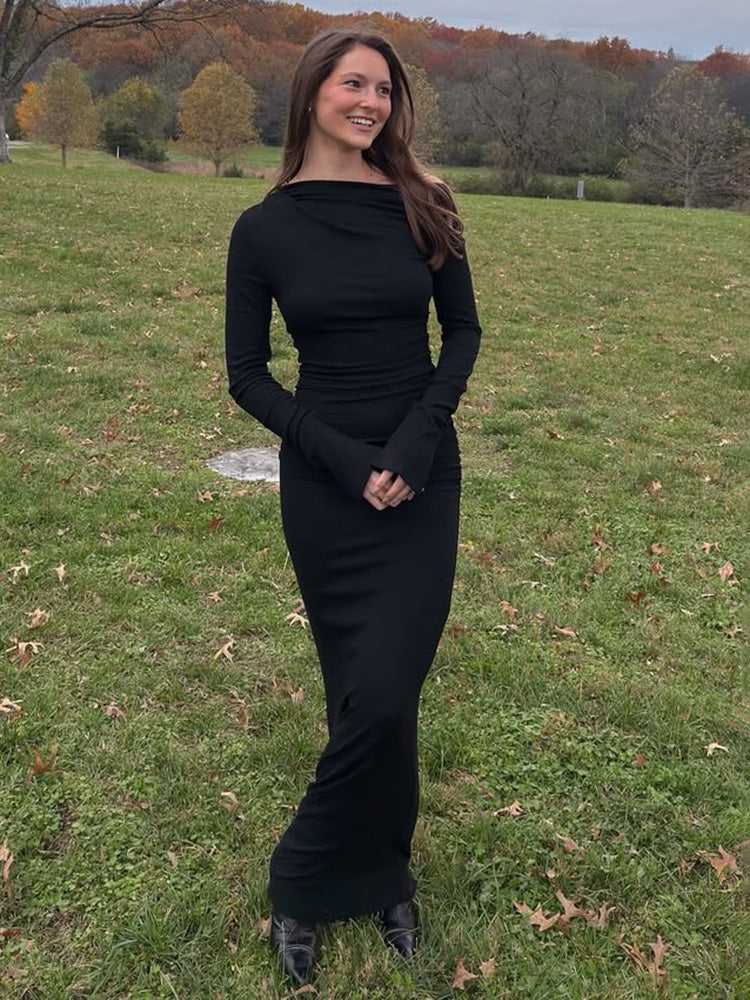 Elegant White Skew Collar Long Sleeve Maxi Dress For Women Autumn Winter Bodycon High Waist Formal  3