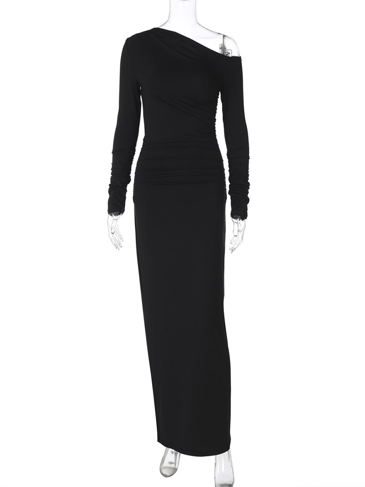 Elegant White Skew Collar Long Sleeve Maxi Dress For Women Autumn Winter Bodycon High Waist Formal  5