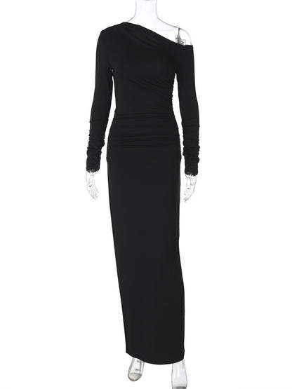 Elegant White Skew Collar Long Sleeve Maxi Dress For Women Autumn Winter Bodycon High Waist Formal  5