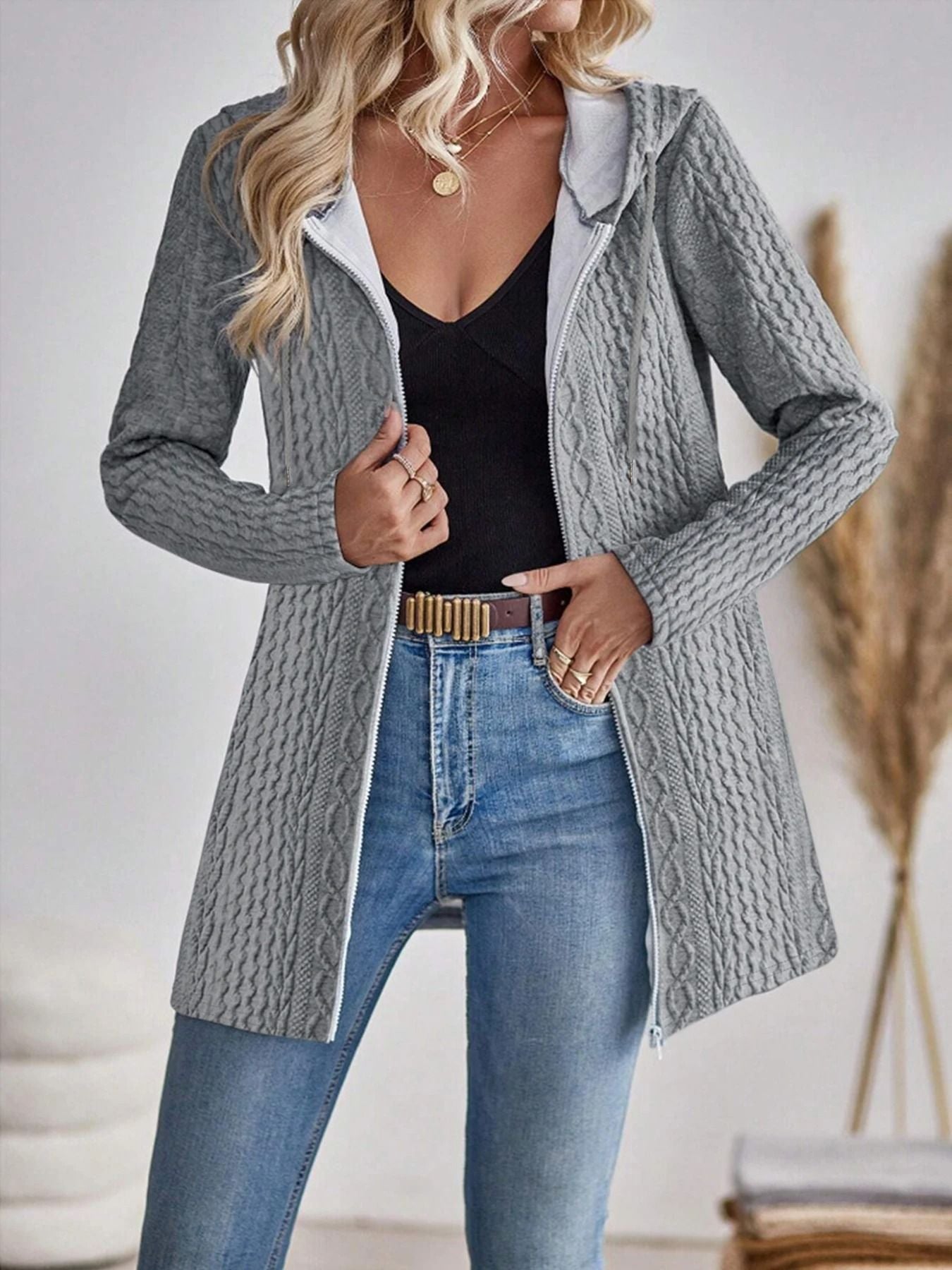Womens Solid Color Hooded Zip Sweatshirt Casual Loose Fit Jacket 2