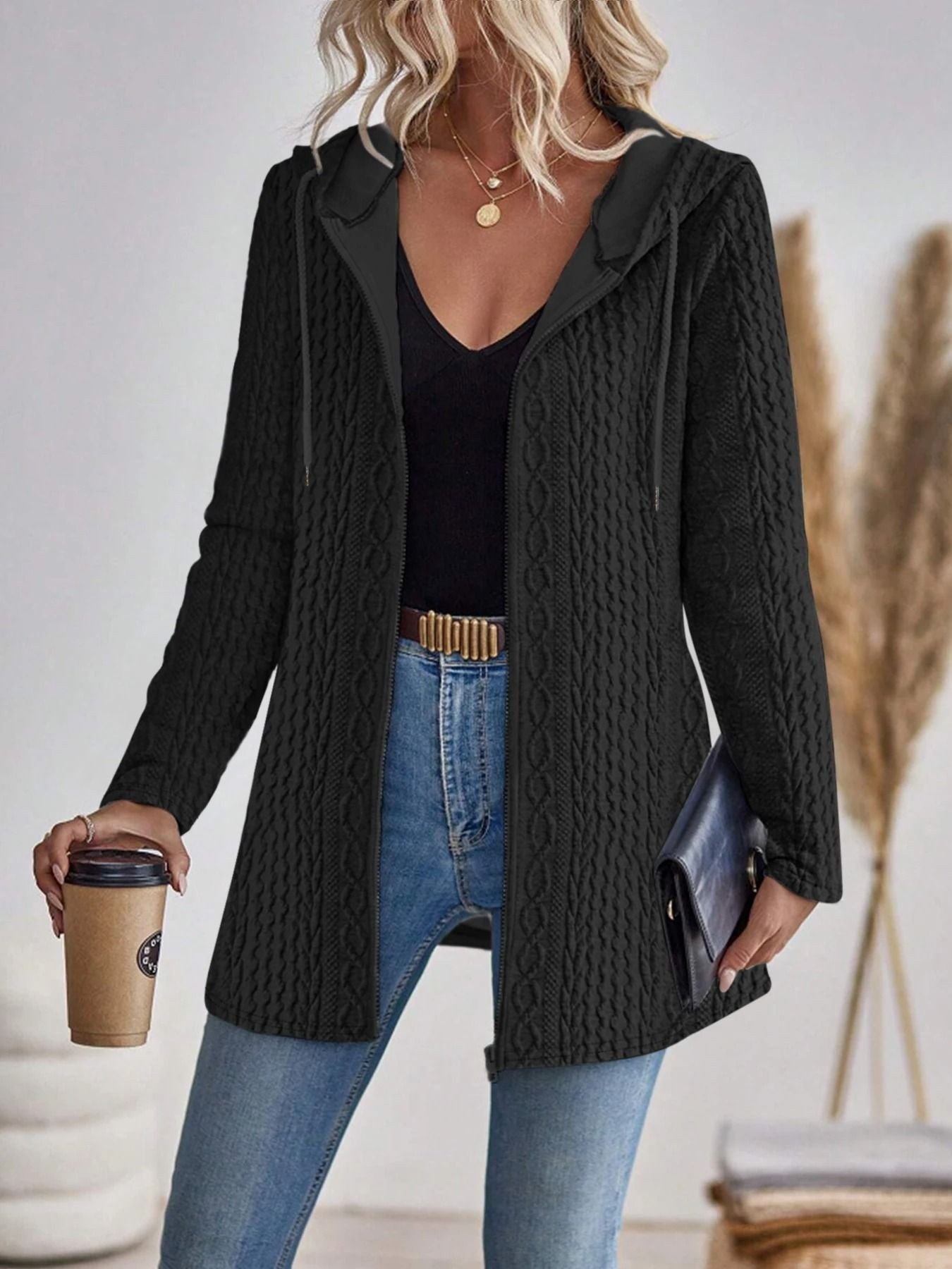 Womens Solid Color Hooded Zip Sweatshirt Casual Loose Fit Jacket 4