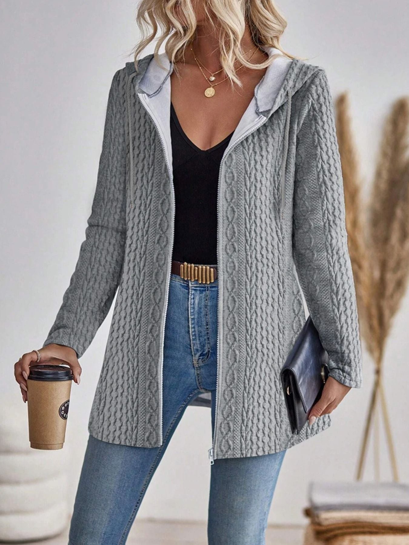 Womens Solid Color Hooded Zip Sweatshirt Casual Loose Fit Jacket 6