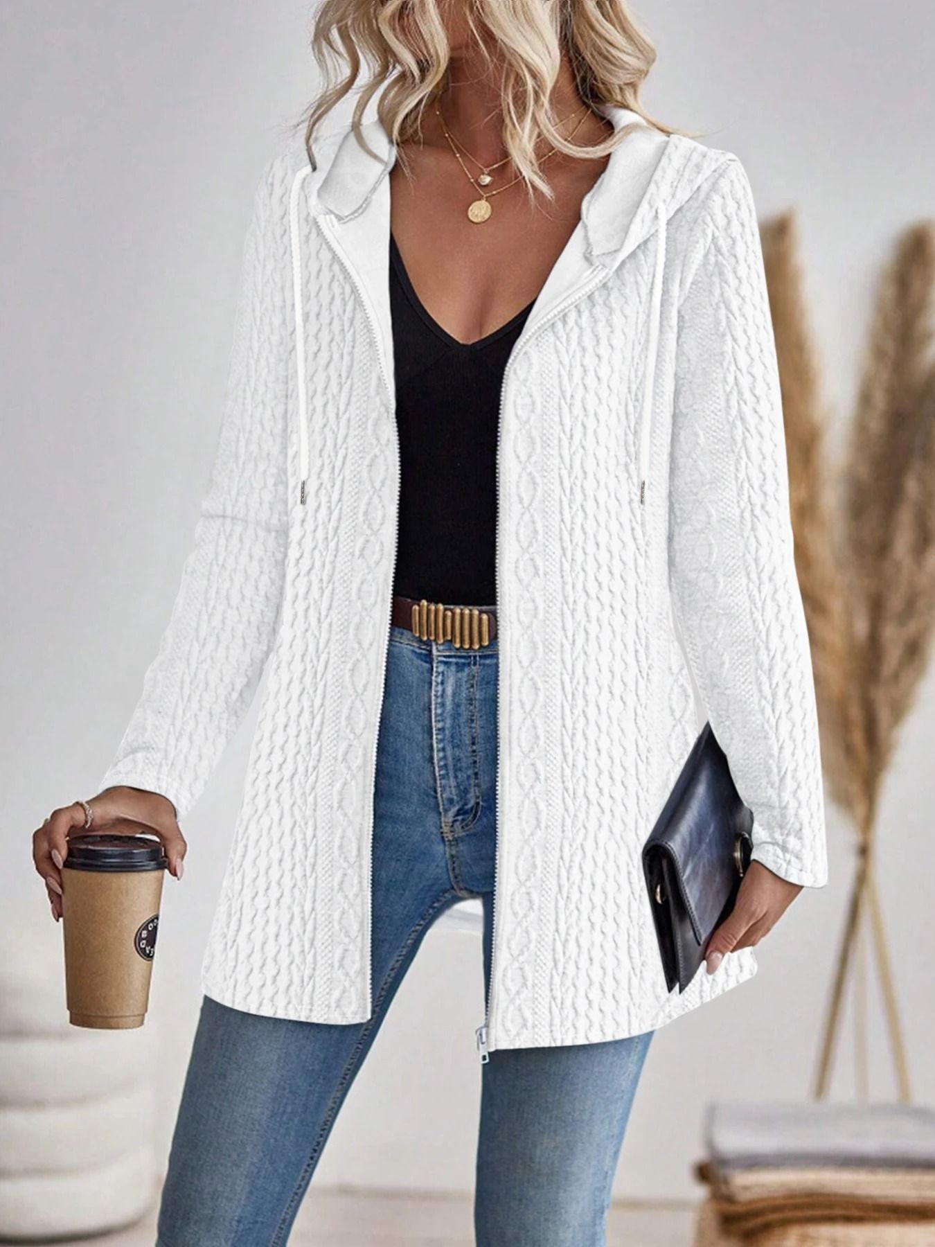 Womens Solid Color Hooded Zip Sweatshirt Casual Loose Fit Jacket 7