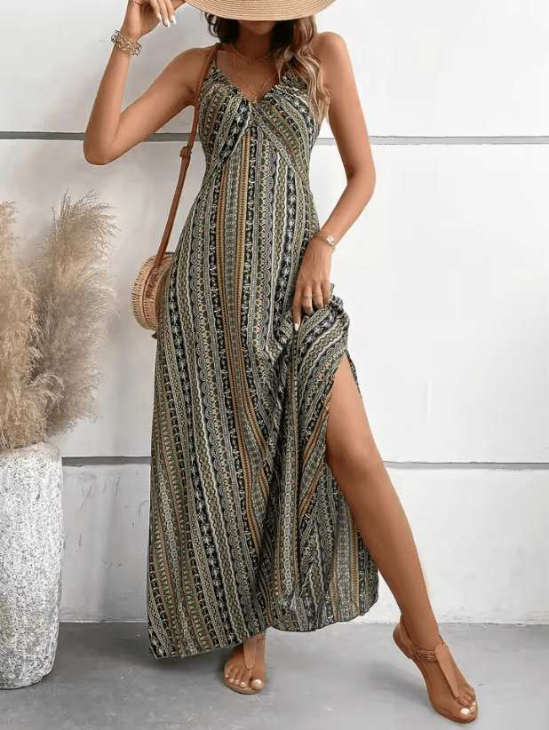 Boho Summer Backless Split Thigh Maxi Dress 3