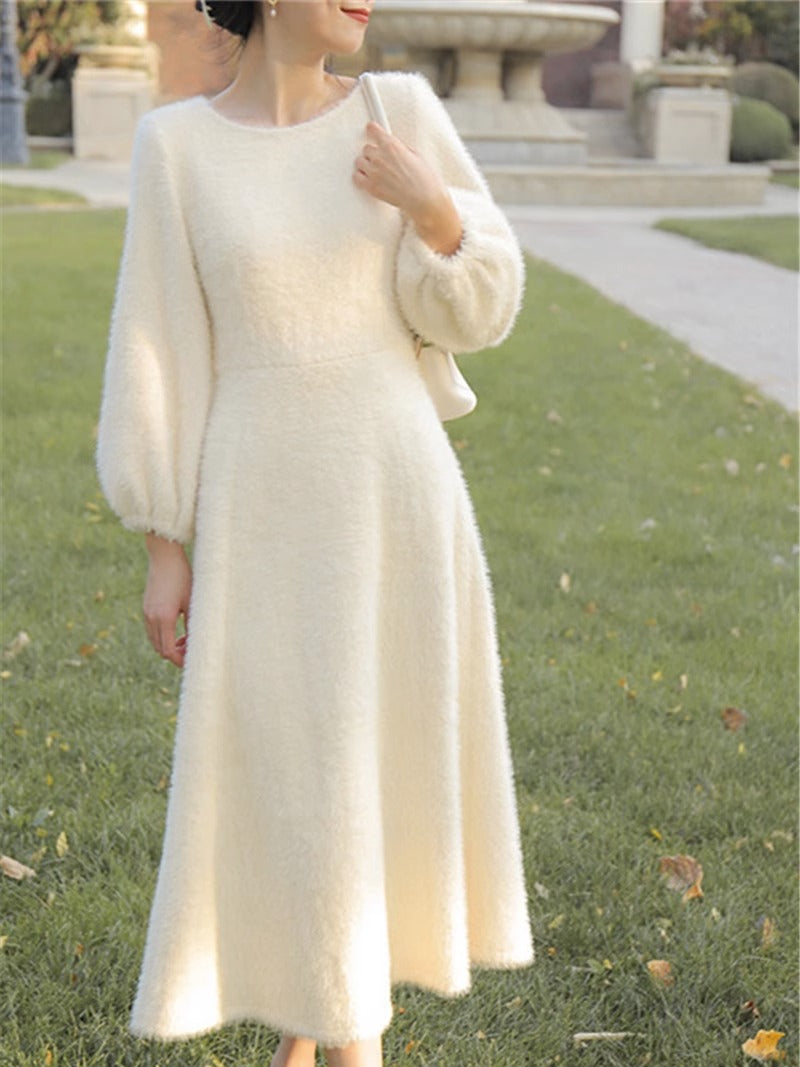 French Fairy Long Dress, Womens Plush Gentle White Sweater Dress Spring Autumn, New Velvet Thickening Style Dresses