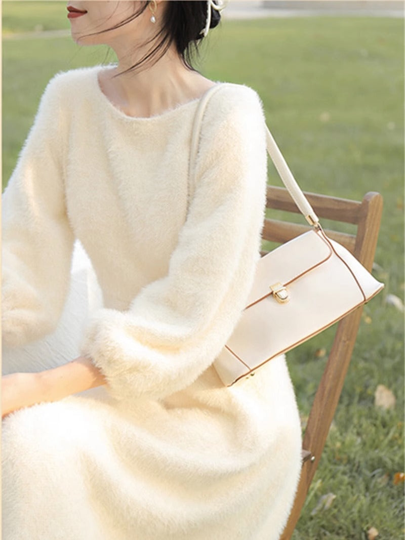 French Fairy Long Dress, Womens Plush Gentle White Sweater Dress Spring Autumn, New Velvet Thickening Style Dresses