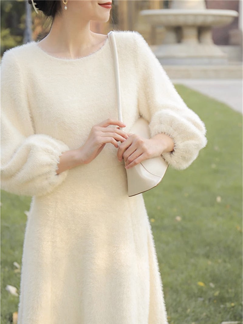 French Fairy Long Dress, Womens Plush Gentle White Sweater Dress Spring Autumn, New Velvet Thickening Style Dresses