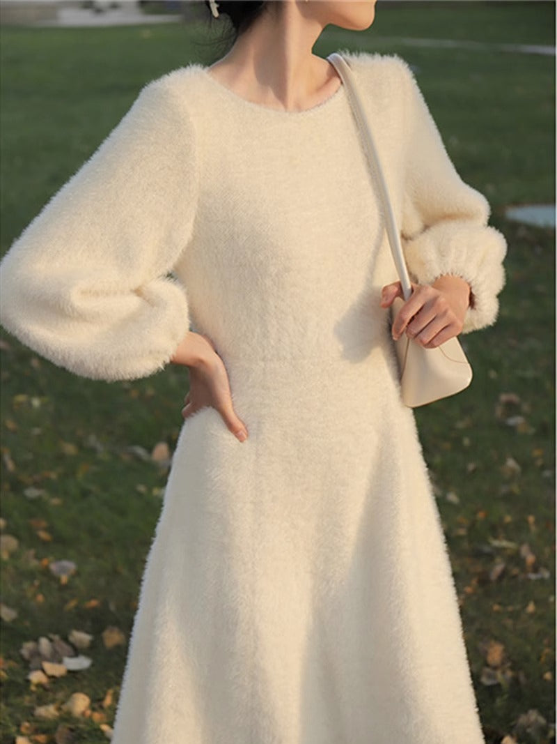 French Fairy Long Dress, Womens Plush Gentle White Sweater Dress Spring Autumn, New Velvet Thickening Style Dresses