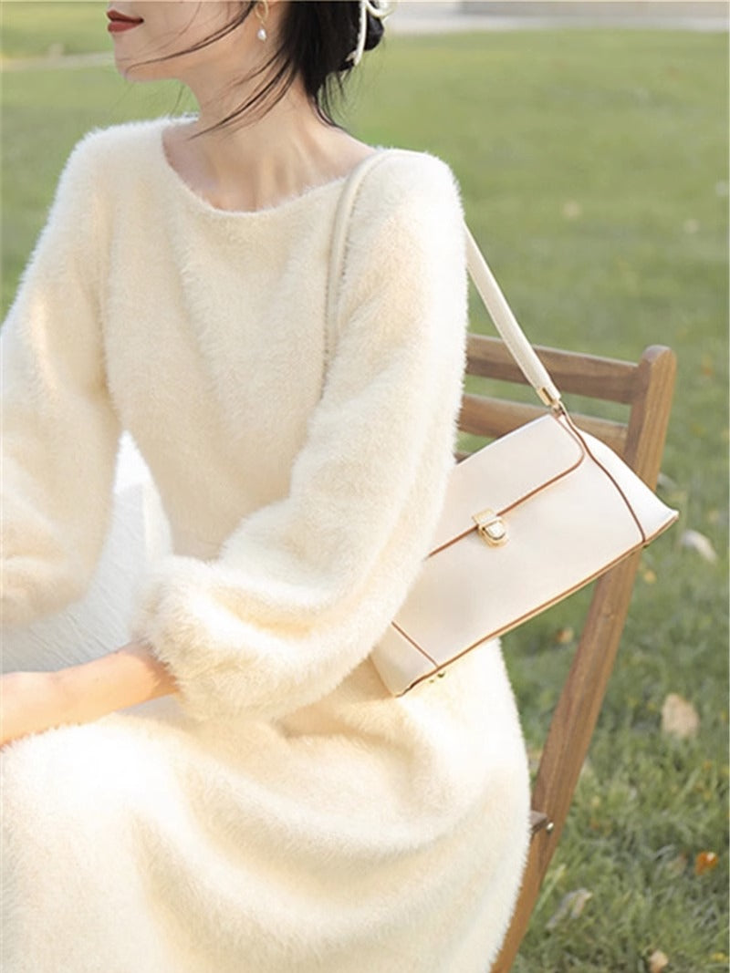 French Fairy Long Dress, Womens Plush Gentle White Sweater Dress Spring Autumn, New Velvet Thickening Style Dresses