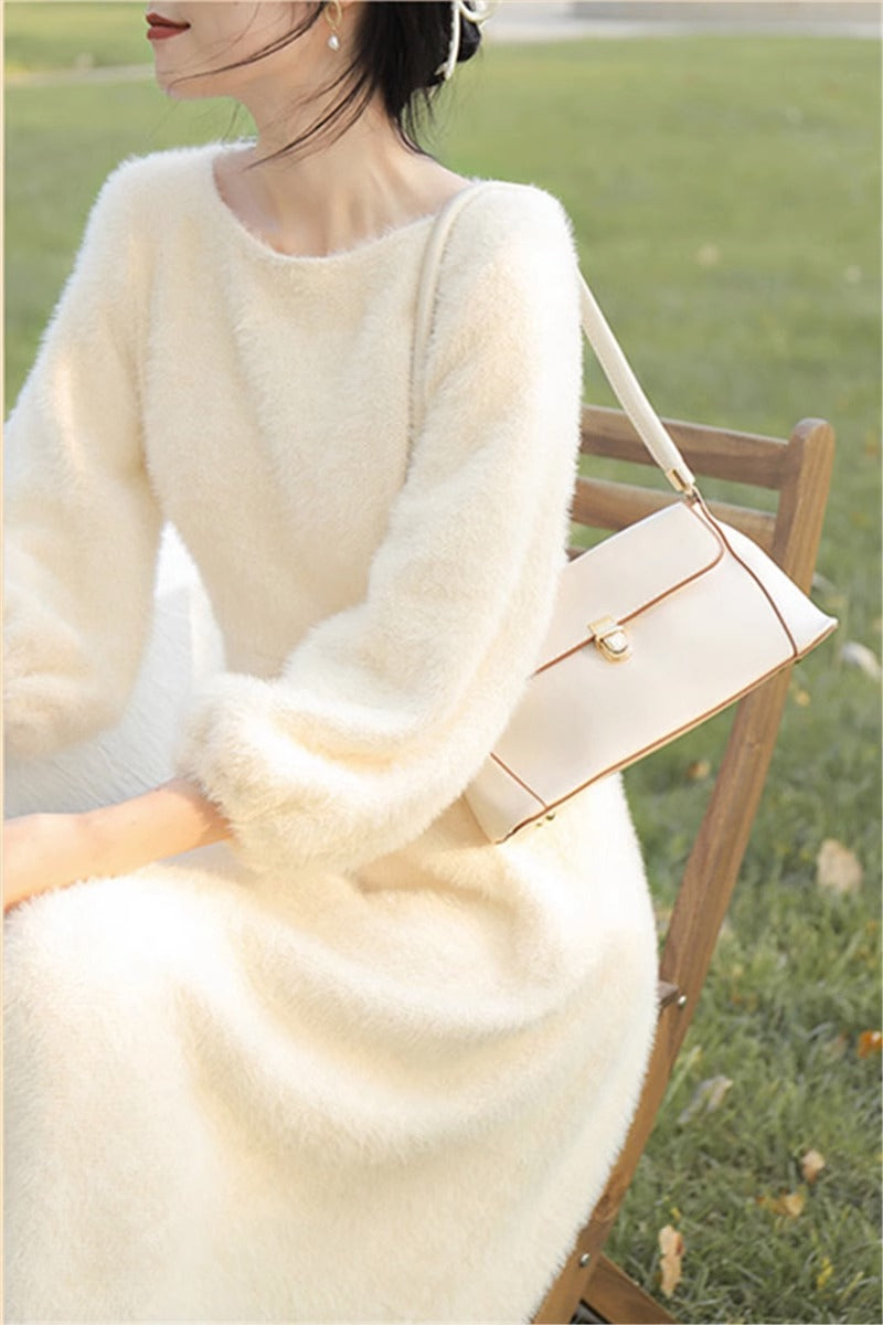 French Fairy Long Dress, Womens Plush Gentle White Sweater Dress Spring Autumn, New Velvet Thickening Style Dresses