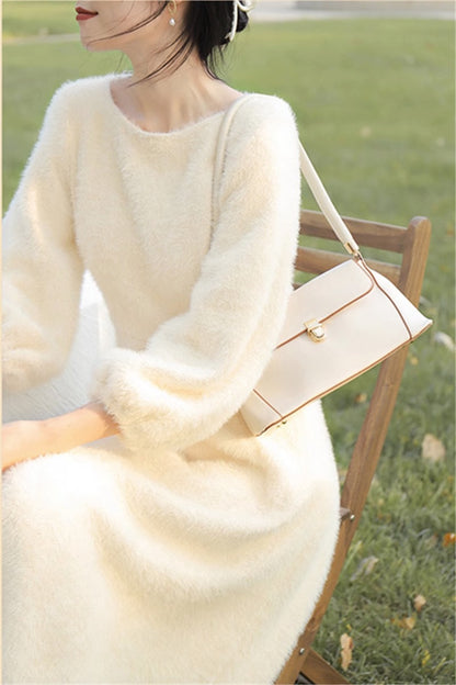 French Fairy Long Dress, Womens Plush Gentle White Sweater Dress Spring Autumn, New Velvet Thickening Style Dresses
